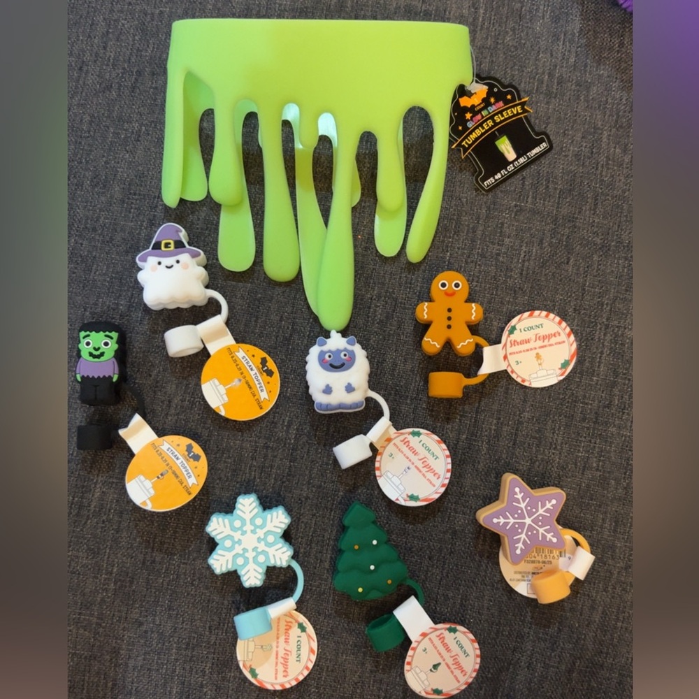 Viral Tumbler Slime Sleeve, 2 Halloween Straw Toppers, 5 Christmas Straw Toppers